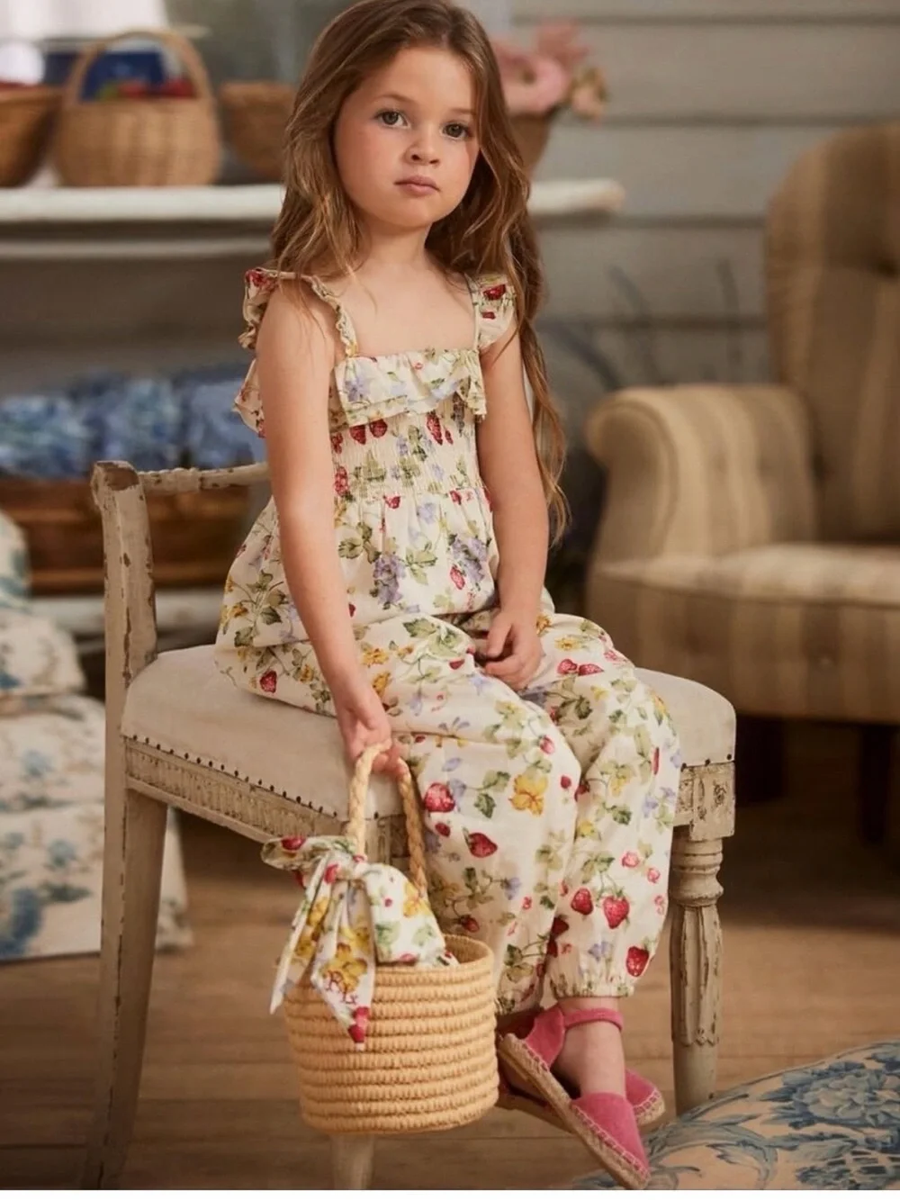 Ralph Lauren Cream Floral Fruit Jumpsuit with Multicolor Print